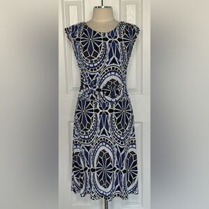 En Focus Studio Blue Black White Geometric Print Ruched Waist Dress Size 8